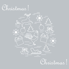 Vector illustration of different new year and christmas symbols arranged in a circle.