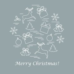 Vector illustration of different new year and christmas symbols arranged in a circle.