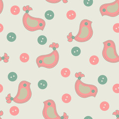 Pattern with colorful stitched birds and buttons.