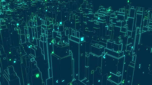 The outline of the city panorama. Modern technology, digital progress, movement. Cyclic animation.