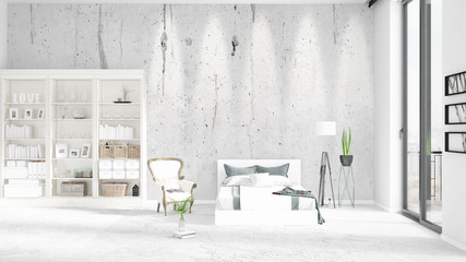 Scene with brand new interior in vogue with white rack and modern bed. 3D rendering. Horizontal arrangement.