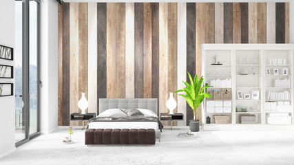 Scene with brand new interior in vogue with white rack and modern bed. 3D rendering. Horizontal arrangement.