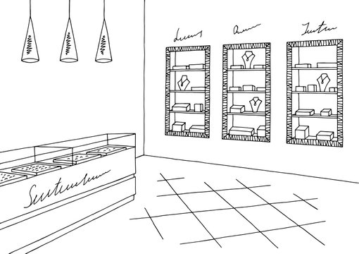 Jewelry shop graphic black white interior sketch illustration vector