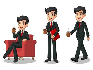 Set of businessman in black suit cartoon character design making a break relaxing with holding drinking a coffee tea, isolated against white background.