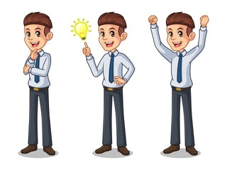 Set of businessman in shirt cartoon character design get great idea inspiration light bulb, thinking thoughtful gesture, and celebrating victory winner successful success with raised up arms.