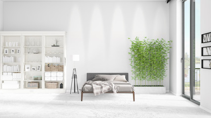Scene with brand new interior in vogue with white rack and modern bed. 3D rendering. Horizontal arrangement.