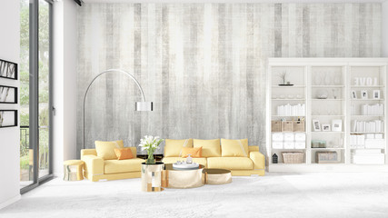 Scene with brand new interior in vogue with white rack and yellow couch. 3D rendering. Horizontal arrangement.