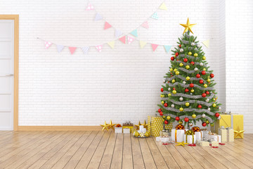 Modern and minimalist interior of living room , christmas tree on white brick wall and wood floor ,at home for the holidays,empty room,3d rendering