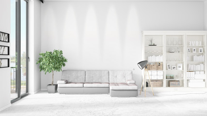 Modern interior in vogue with white couch and copyspace in horizontal arrangement. 3D rendering.