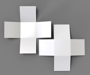 Blank white 3D illustration iron cross brochure mock up on gray. Render illustration.