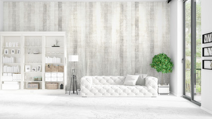 Modern loft interior in vogue with white couch and copyspace in horizontal arrangement. 3D rendering.