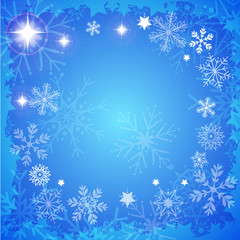 Fototapeta na wymiar Vector and illustration of winter snowflake frame with bright and gradient blue sky background for Christmas, winter or holiday theme 