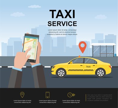  Taxi on background the city. Man call a taxi by smartphone. Taxi service concept. Vector web template. illustration.