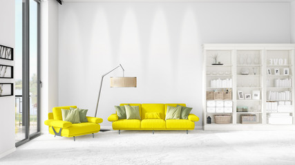 Scene with brand new interior in vogue with white rack and yellow couch. 3D rendering. Horizontal arrangement.
