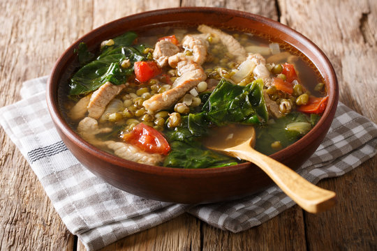 Philippine mung beans soup with pork closeup in a bowl. horizontal