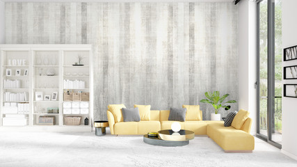 Scene with brand new interior in vogue with white rack and yellow couch. 3D rendering. Horizontal arrangement.