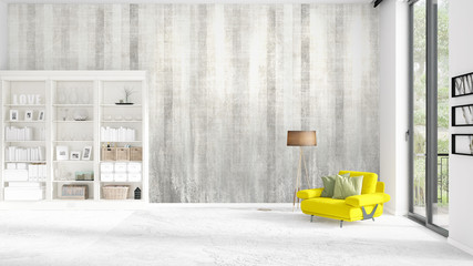 Scene with brand new interior in vogue with white rack and modern yellow chair. 3D rendering. Horizontal arrangement.