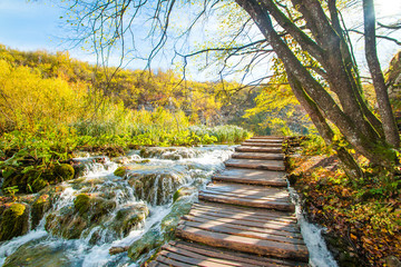 Beautiful landscape, river stream and wooden path in the Plitvice Lakes National Park in Croatia 