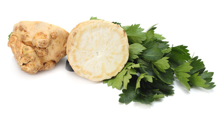 celery root with leaf isolated on white background. Celery isolated on white. Healthy food