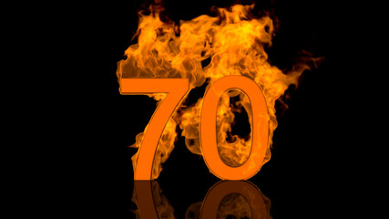 Flaming Number Seventy Centred on Black Background with Reflection as 3D rendering