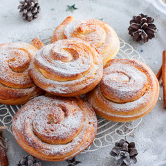 Kanelbullar (Swedish cinnamon rolls) with powdered sugar, square