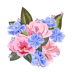 Bouquet of cute pink and blue flowers. Decor elements for greeting cards, wedding invitations, birthday and other celebrations. Isolated on white background.