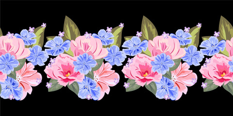 Seamless floral border with cute pink and blue flowers. Hand-drawn pattern on black background. Design element for cards, invitations, wedding, congratulations.