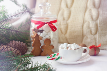 Christmas cookies and cup of cocoa, on table at home