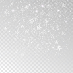 White tender snowflakes, snow falling over transparent background, vector illustration.