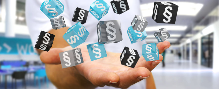 Businessman holding and touching 3D rendering law cubes