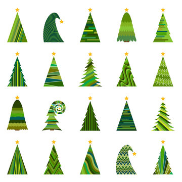 Set of twenty different Christmas trees. Isolated vector illustration for Merry Christmas and Happy New Year.
