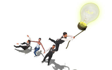 Concept of a successful team idea A light bulb that pulls people up 3d render on white