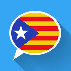 White speech bubble with Catalonia flag and long shadow on blue background. Catalan language conceptual illustration
