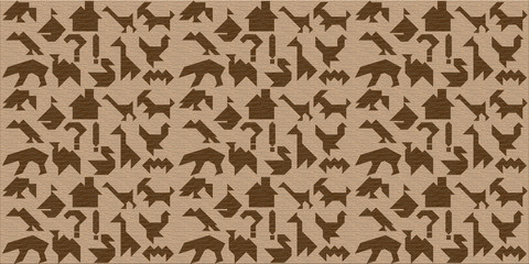 Wooden background with silhouettes of animals, and others, tangram