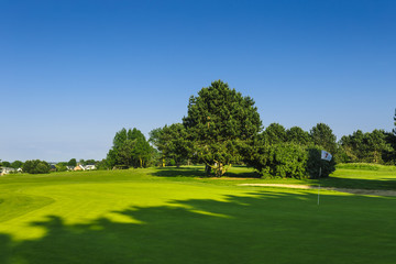 General view of a green golf course on a bright sunny day. Idyllic summer landscape. Sport, relax, recreation and leisure concept