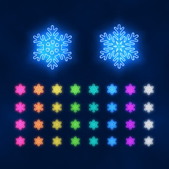 Neon sign collection. Glowing snowflakes winter set