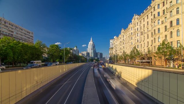 Cars traffic on Garden-Triumph street timelapse hyperlapse in Moscow, Russia.