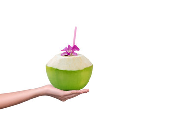 woman hand showing fresh coconut cocktails