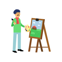 Cartoon artist character standing near easel with painting