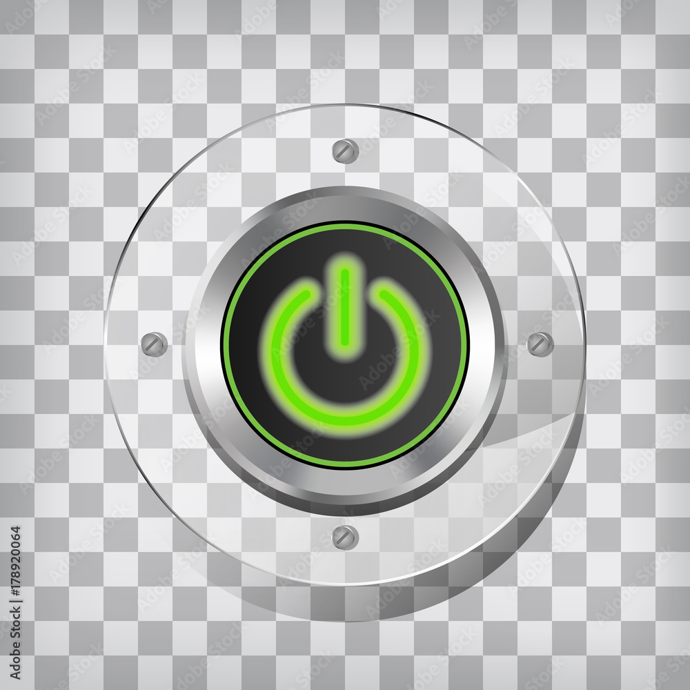Poster metallic green power button icon on the squared background