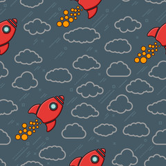 red retro rockets icon with clouds on a grey blue cosmos backgro