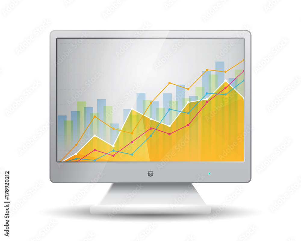Poster white monitor with business statistics chart showing various vis