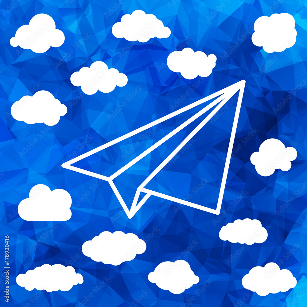 Poster paper airplane with clouds on the abstract triangular background