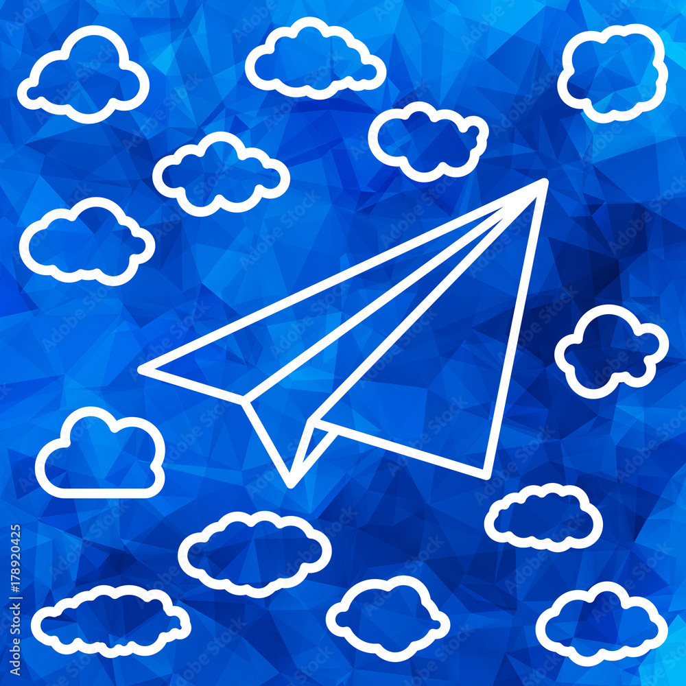 Poster white linear paper airplane with clouds on the abstract triangul