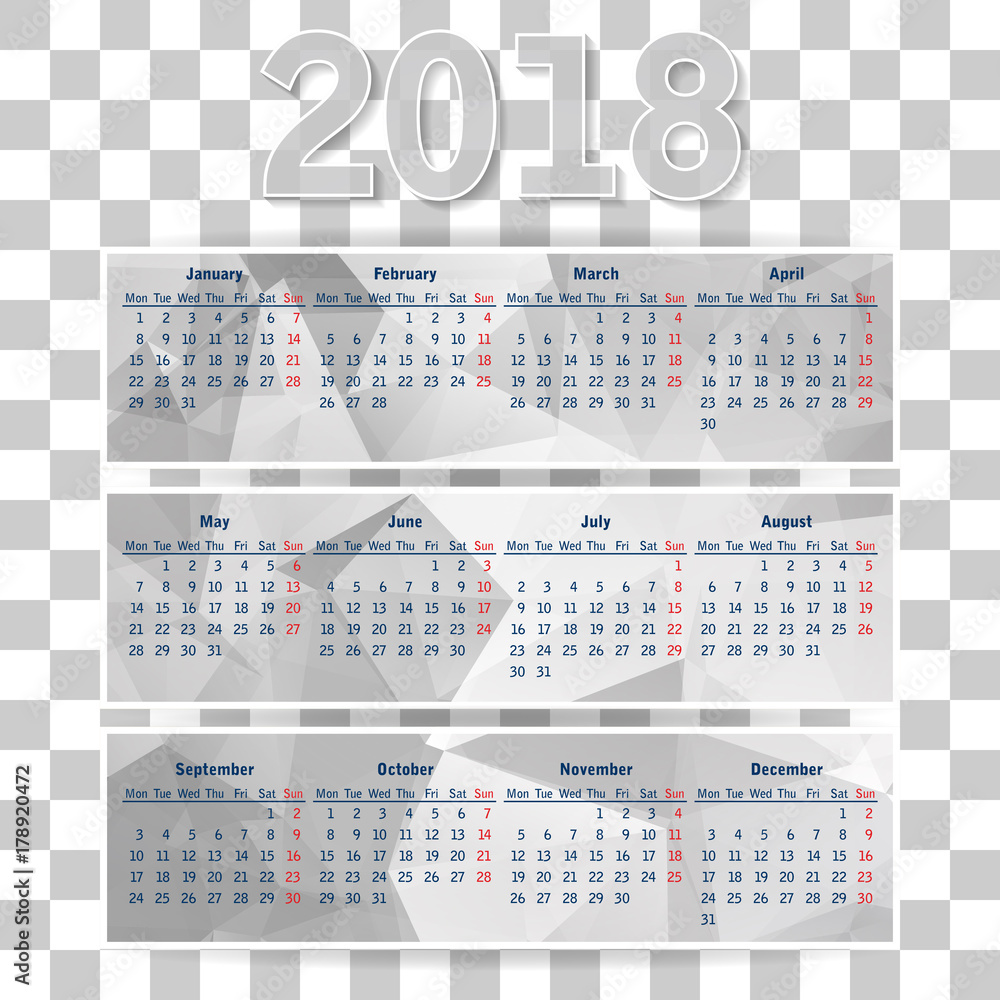 Poster abstract grey triangular polygonal 2018 year calendar on transpa