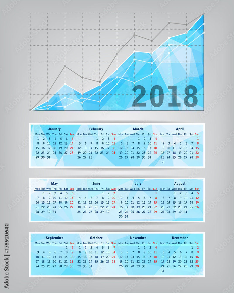 Poster 2018 calendar with business statistics chart showing different g