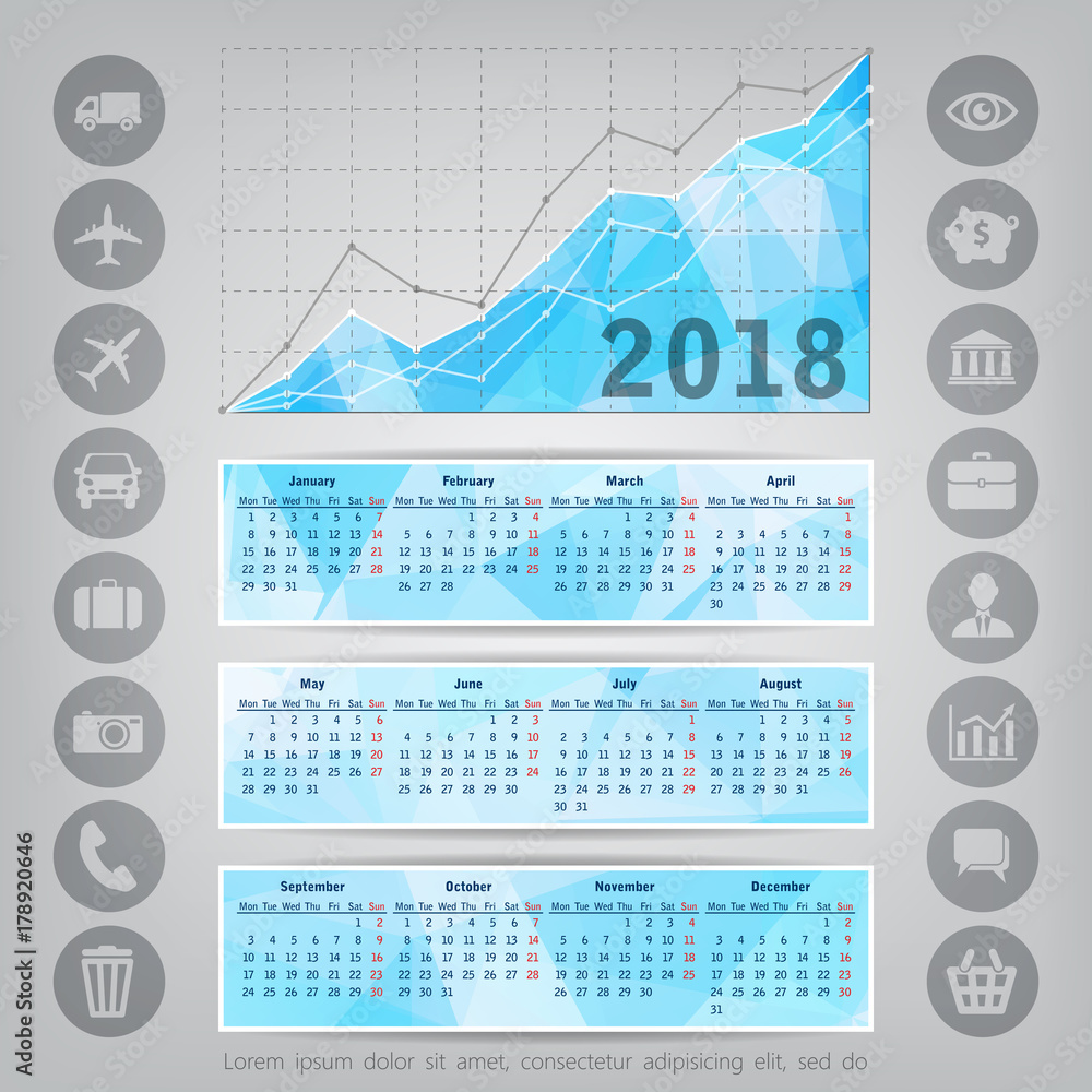 Poster abstract colorful triangular polygonal 2018 year calendar with b