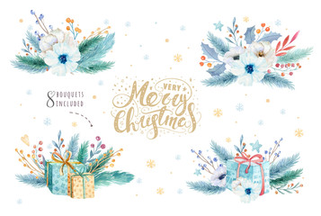 Fototapeta na wymiar Merry Christmas watercolor set with floral elements. Happy New Year lettering poster collection. Winter flowers, gift and branch bouquets decoration. Gold and green