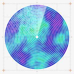 Modern decorative technical vector illustration. Visual thermal navigation system. Colorful round heatmap. Image of working radar. Vivid scientific background. Element of design.