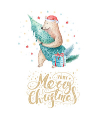 Christmas watercolor bear. Cute kids xmas forest bears animal illustration, new year card or poster. Hand drawn nursery isolated baby animals painting.